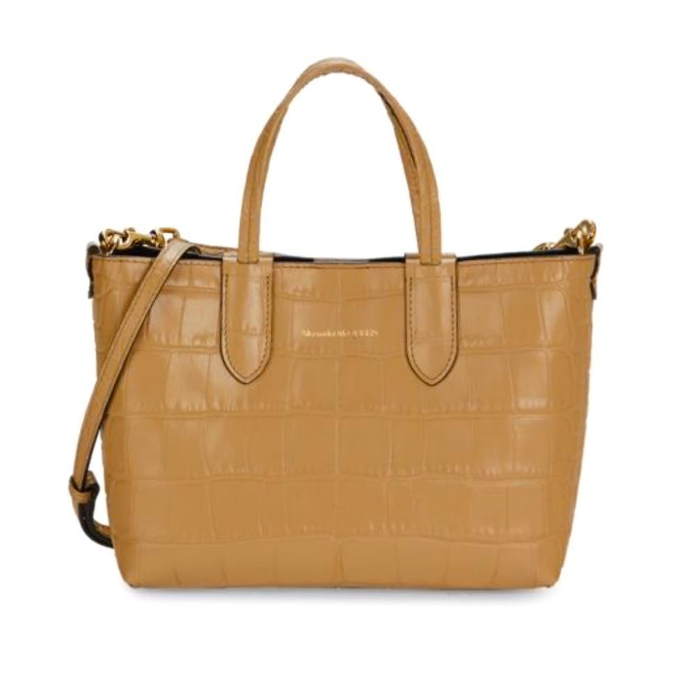 Alexander Mcqueen Mini Croc-Embossed Leather Tote, Brown Tan